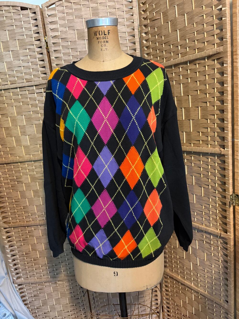 Vintage 80's Benetton Women's Neon Argyle Cotton Sweater Italy LG